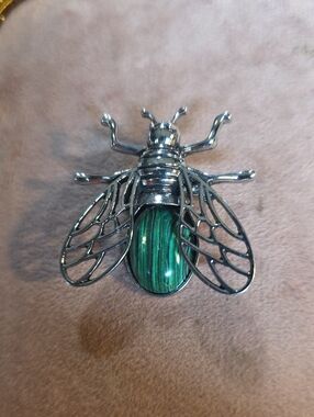 Vintage-Style Silver Malachite Insect Fly Bee Brooch Pendant